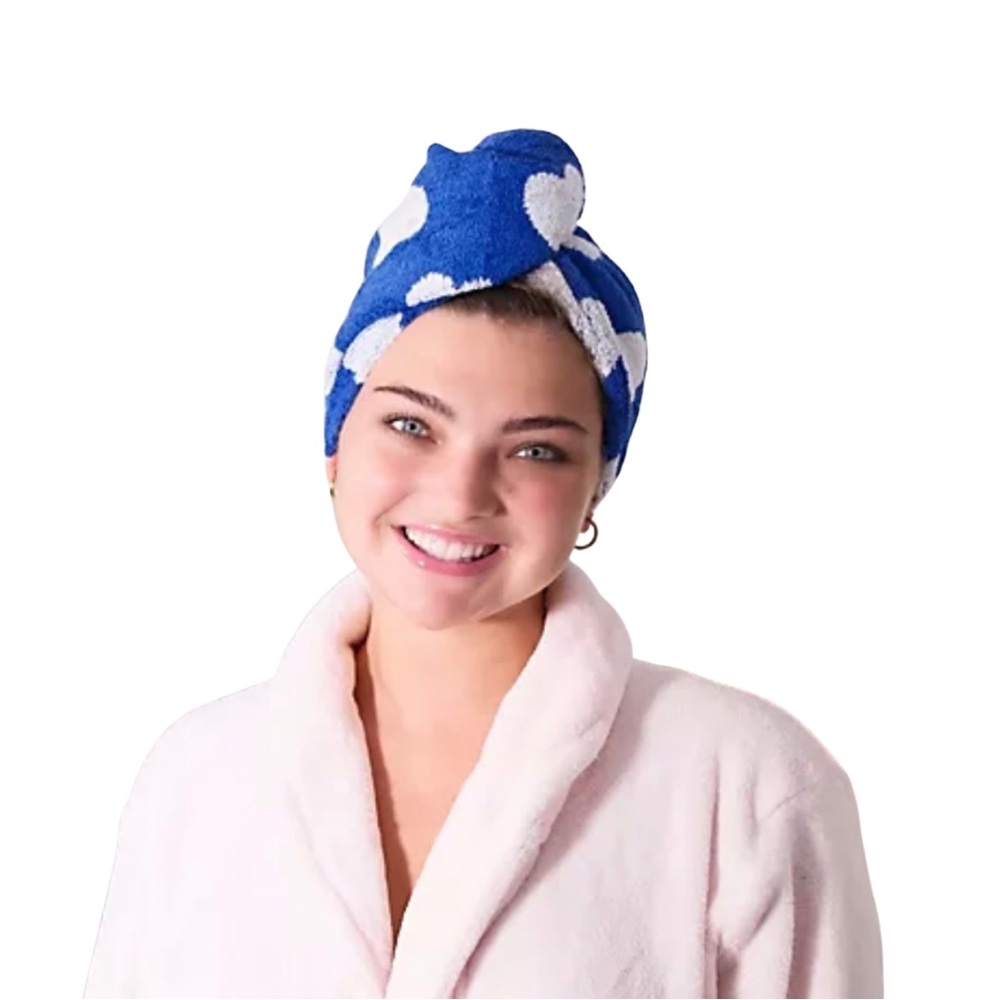 Turbie Twist Dazzling Blue Hearts Cotton Hair Wrap Towel